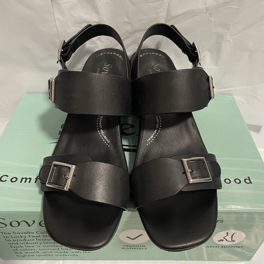 Sovella Women's Black Leather Strappy Buckle Block Heel Sandals US 6.5-7